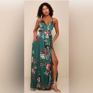Still the One Emerald Green Floral Print Satin Maxi Dress (Lulus)